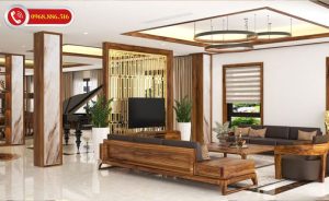 Phòng khách nhà phố sang trọng với gỗ óc chó