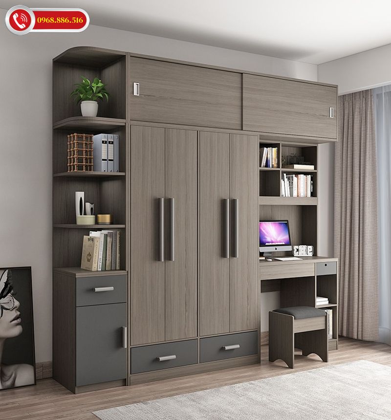 Tủ quần áo kết hợp với bàn làm việc chất liệu gỗ MDF