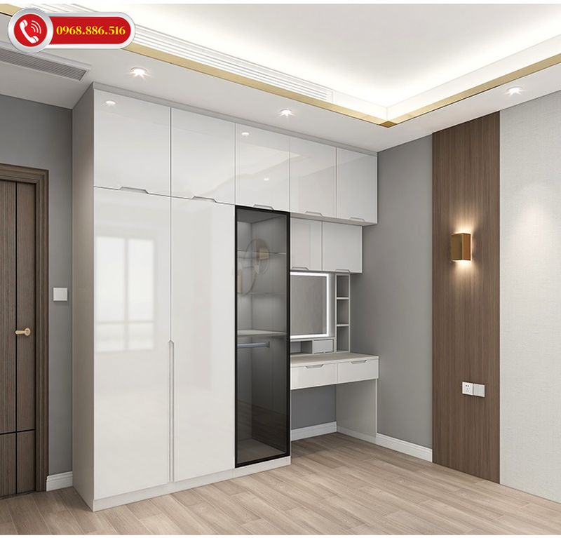 Tủ quần áo kết hợp với bàn làm việc chất liệu gỗ MDF tông màu trắng nhẹ nhàng