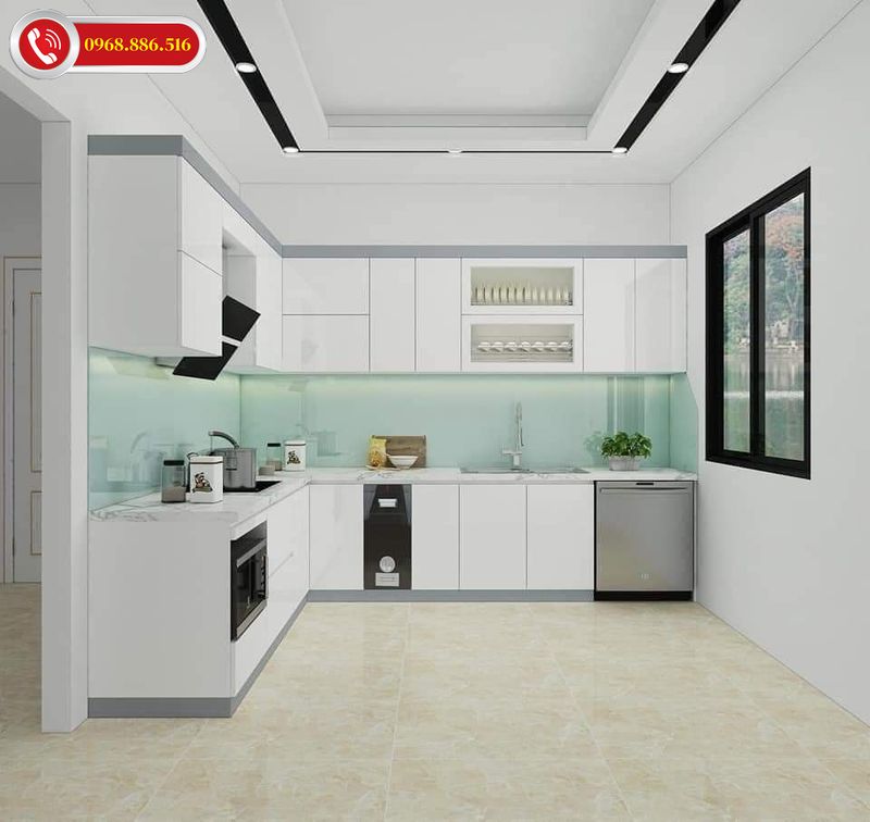 Tủ bếp thiết kế hiện đại sang trọng với chất liệu MDF ấn tượng với tông màu trắng