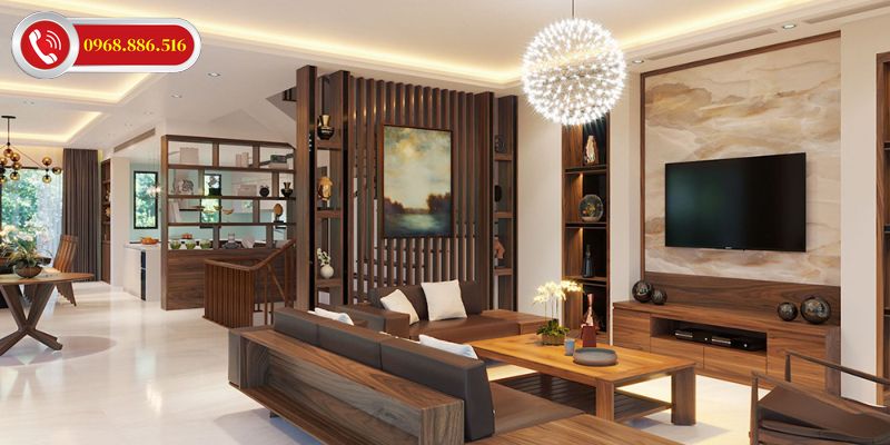 Vách ngăn phfong khách sử dụng MDF sang trọng, hiện đại