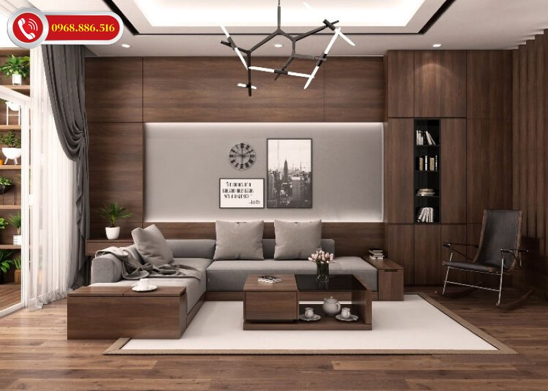 Ốp tường phòng khách gỗ công nghiệp sang trọng, tinh tế và hiện đại