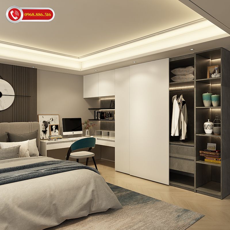 Mẫu tủ âm tường cửa trượt kết hợp bàn làm việc tiện nghi