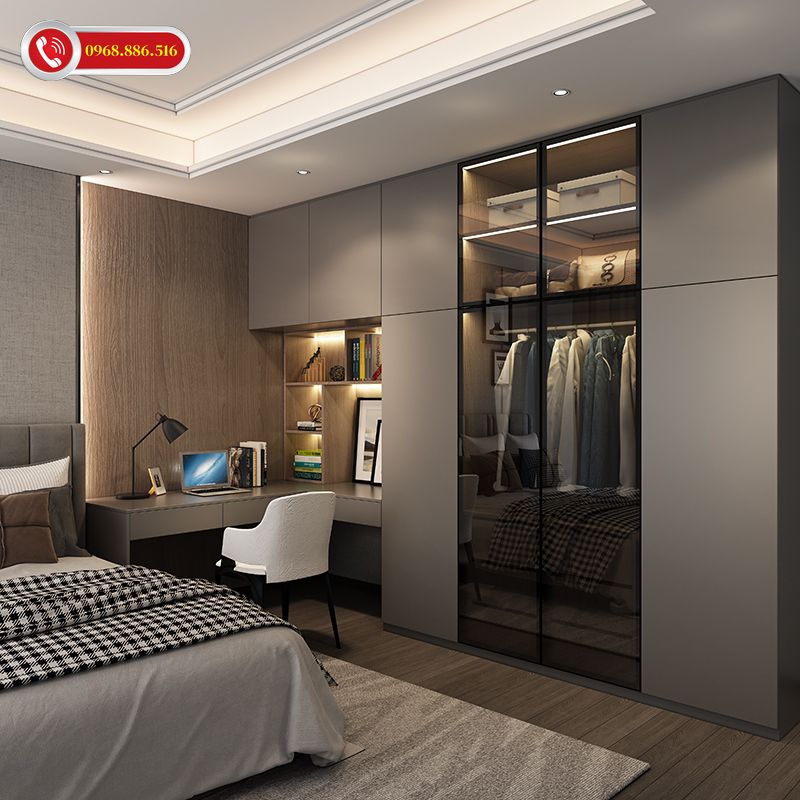 Mẫu tủ quần áo cánh kính kết hợp bàn làm việc