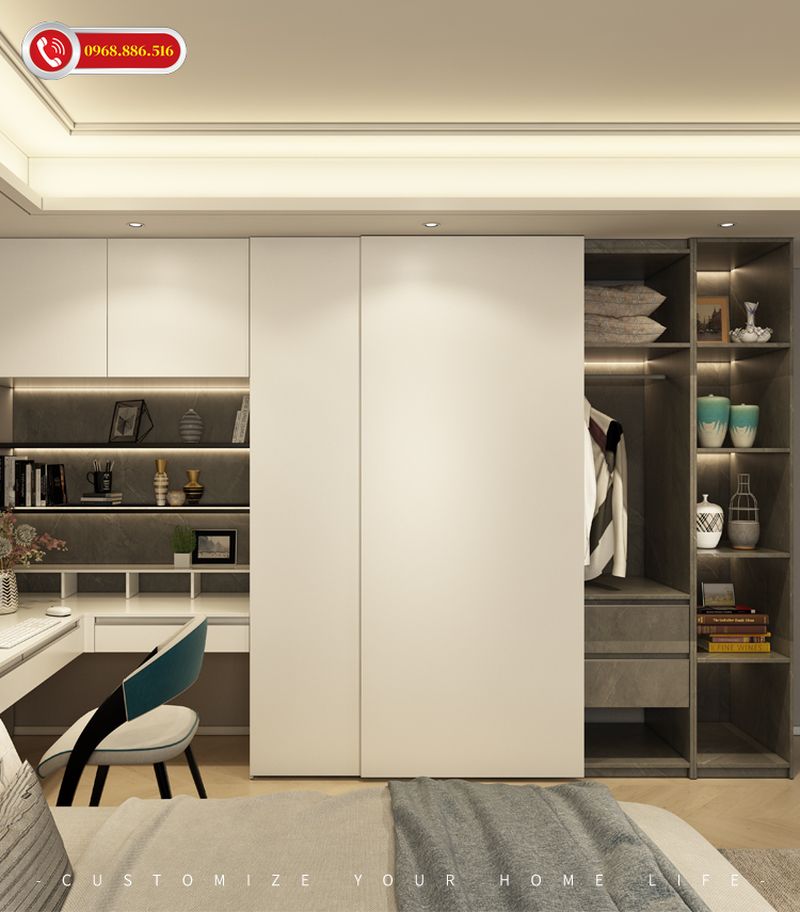 Mẫu tủ âm tường cửa trượt kết hợp bàn làm việc chất liệu gỗ công nghiệp 