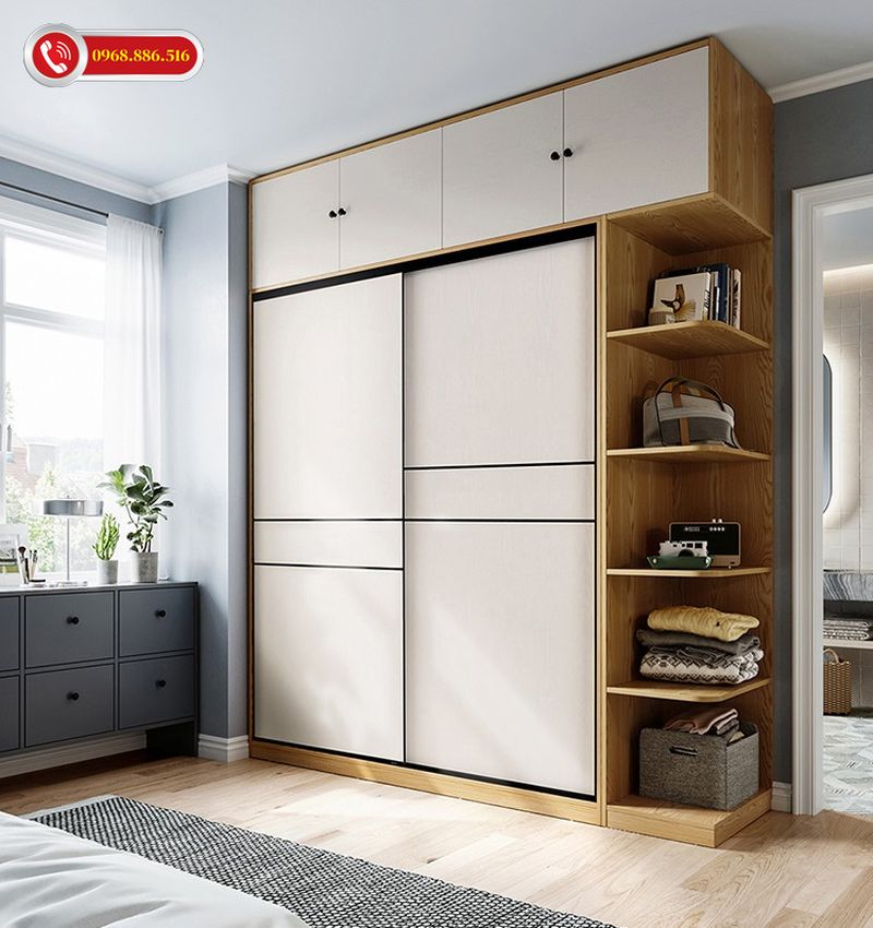 Mẫu tủ âm tường cửa trượt tông màu trắng kết hợp vân gỗ nhẹ nhàng