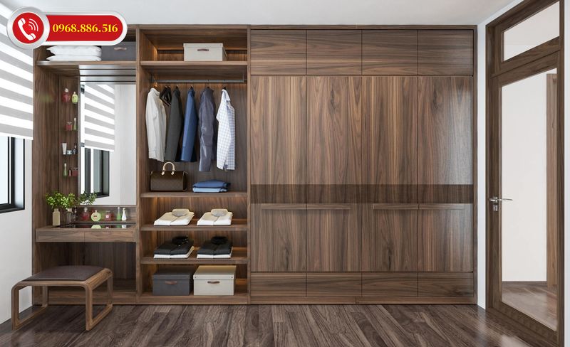 Mẫu tủ quần áo gỗ óc chó kết hợp bàn trang điểm ấn tượng
