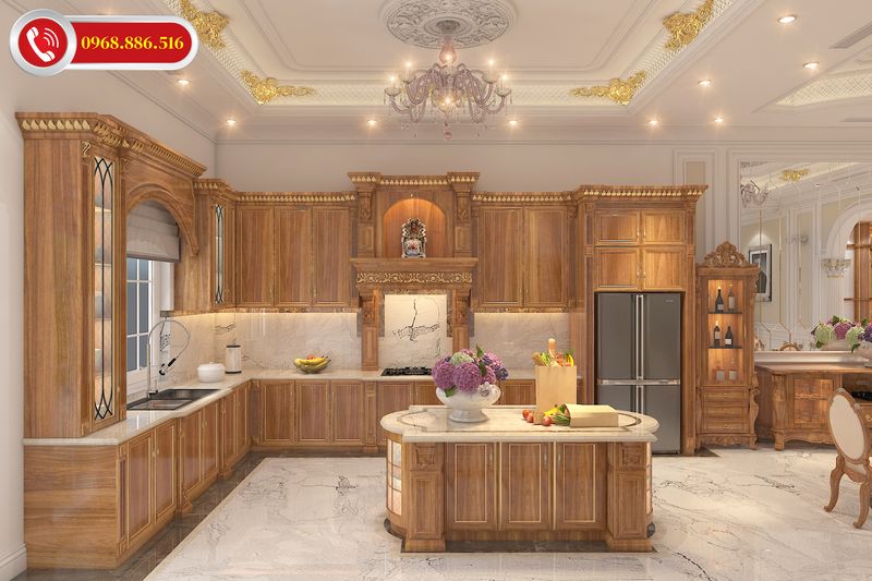 Phòng bếp tân cổ điển chuộng gỗ tự nhiên bởi đây là chất liệu sang trọng, gần gũi