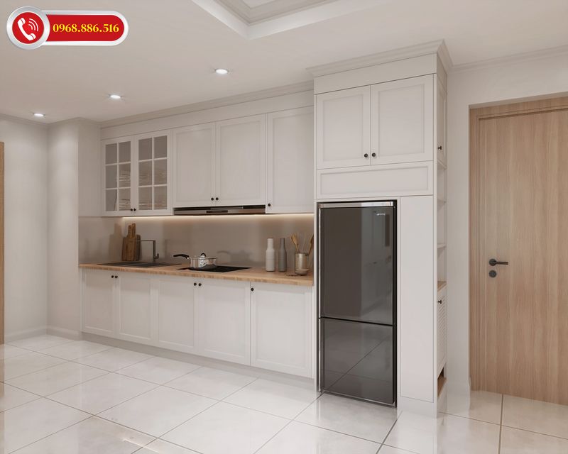 Mẫu thiết kế bếp tân cổ điển với những đường nét đơn giản nhẹ nhàng