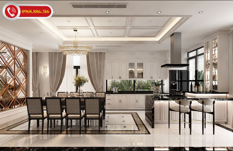 Cánh tủ bếp tân cổ điển đẹp cùng đảo bếp tiện nghi mặt đá sang trọng
