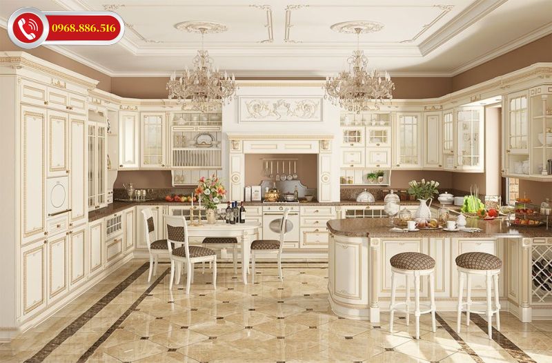 Mẫu thiết kế nội thất phòng bếp tân cổ điển đẹp với kiểu dáng thời thượng, đẳng cấp và đầy đủ công năng