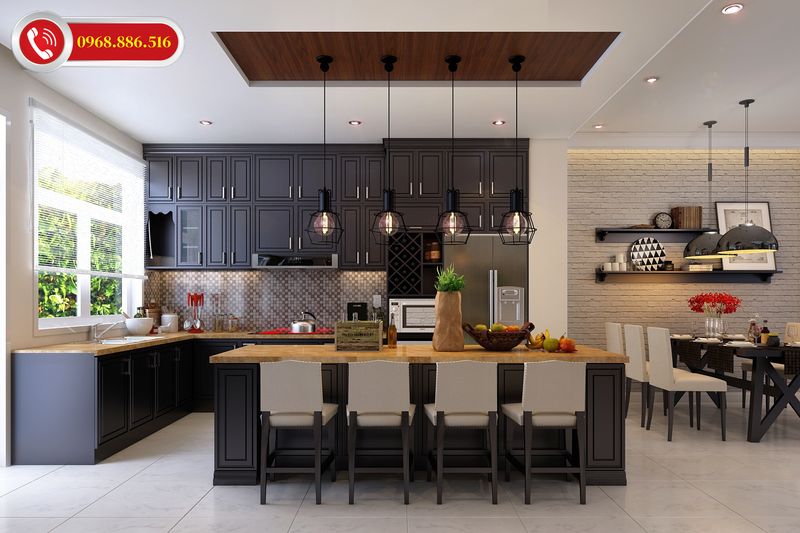 Mẫu tủ bếp tân cổ điển gỗ công nghiệp kiểu dáng hấp dẫn