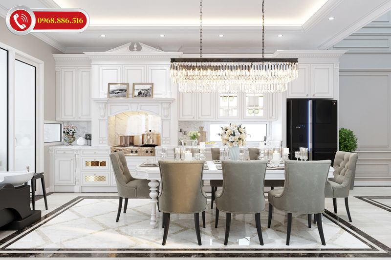 Không gian phòng bếp sang trọng đẳng cấp với tông màu trắng nhẹ nhàng sang trọng
