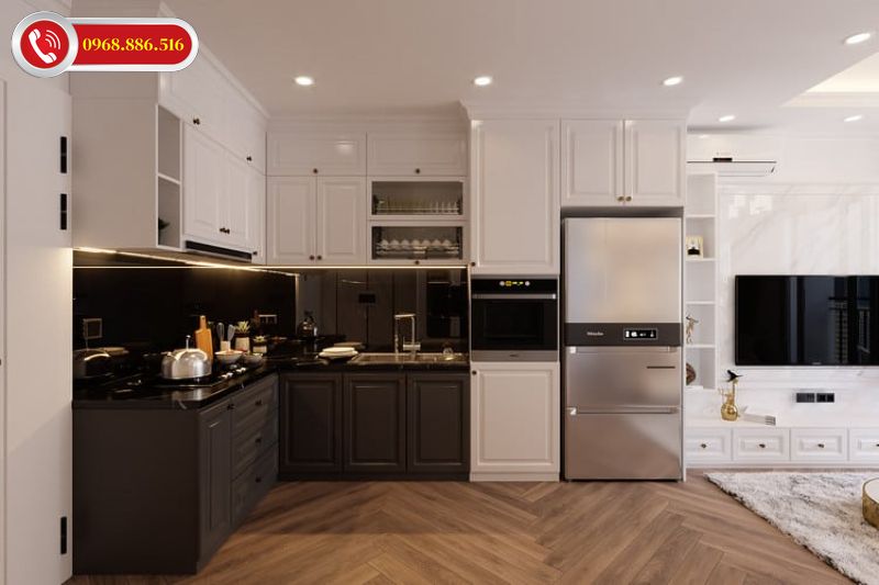 Bếp thiết kế ấn tượng với chất liệu gỗ tự nhiên sơn màu ấn tượng tinh tế