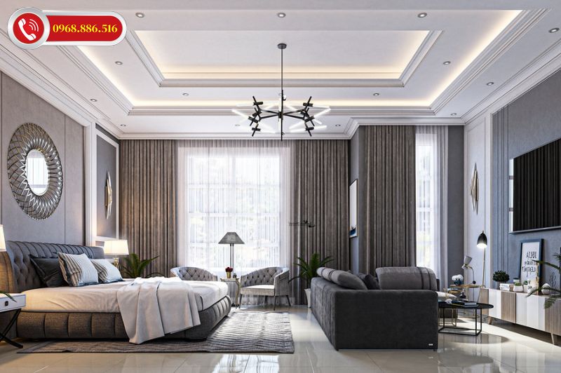 Phòng ngủ sở hữu kính trong suốt và rèm cửa hài hòa
