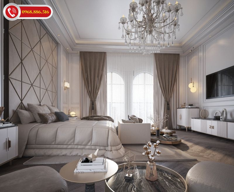 Phòng ngủ tân cổ điển cao cấp với gam màu trung tính kiểu dáng nội thất châu Âu đẹp
