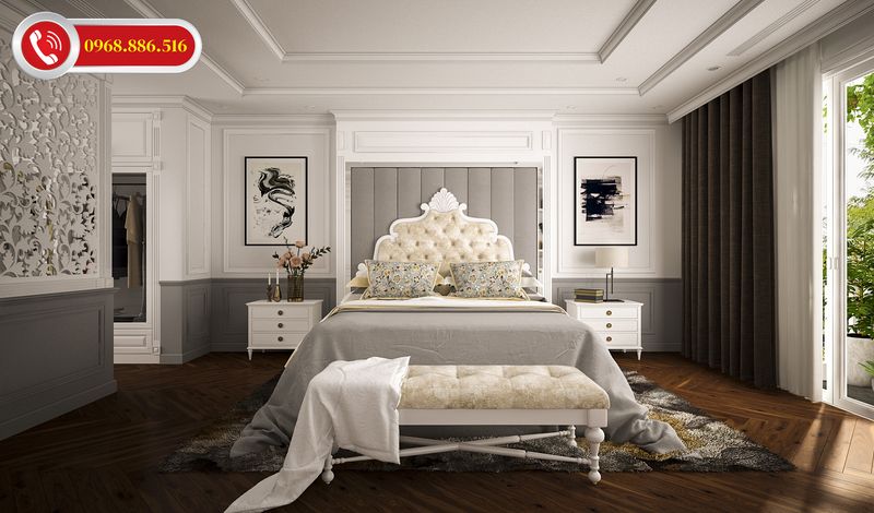 Thiết kế phòng ngủ tân cổ điển cao cấp với gam màu trung tính kiểu dáng nội thất châu Âu đẹp