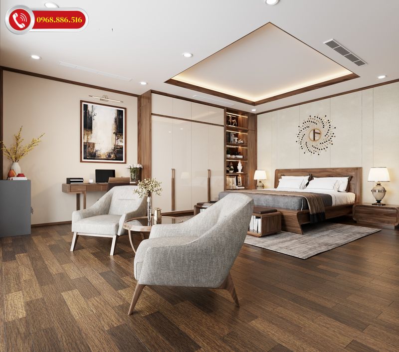 Phòng ngủ chính thiết kế hiện đại tiện nghi với chất liệu gỗ óc chó sang trọng