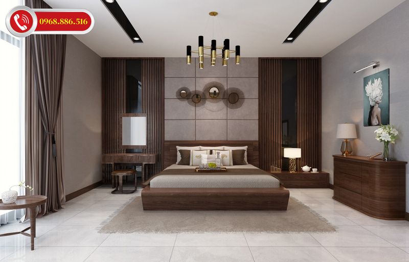 Nội thất phòng ngủ tinh tế ấn tượng với gỗ óc chó cao cấp
