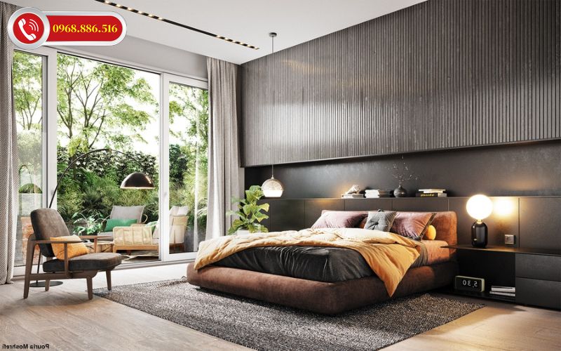 Phòng ngủ chính biệt thự view hồ bơi