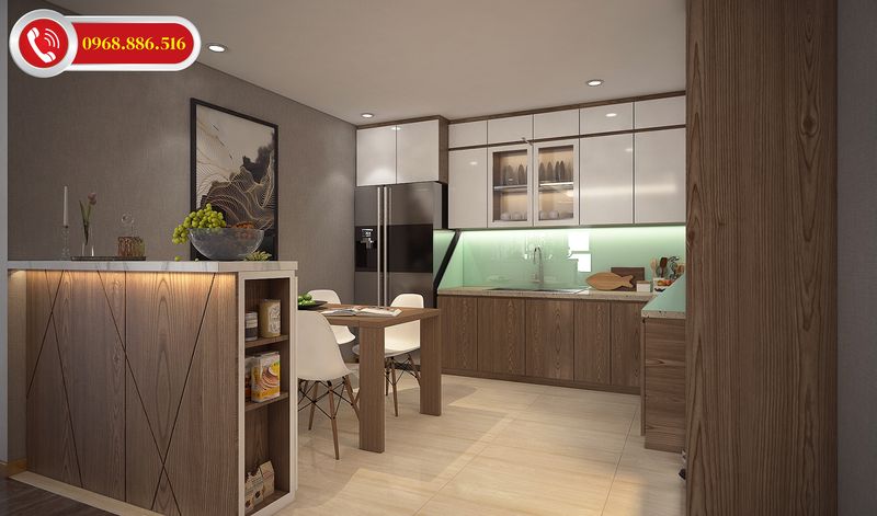 Tủ bếp thiết kế tông màu gỗ nhẹ nhàng ấm cúng