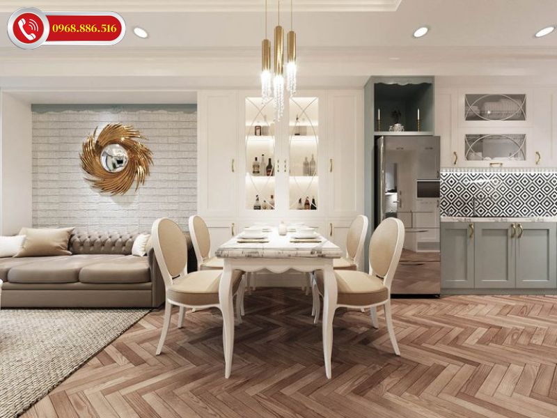 TOP +63 Mẫu tủ bếp kết hợp tủ rượu đẹp - Bảng giá trọn gói 2026 ✅ 29 Phòng khách liền bếp phong cách tân cổ điển trưng bày rượu hợp lý