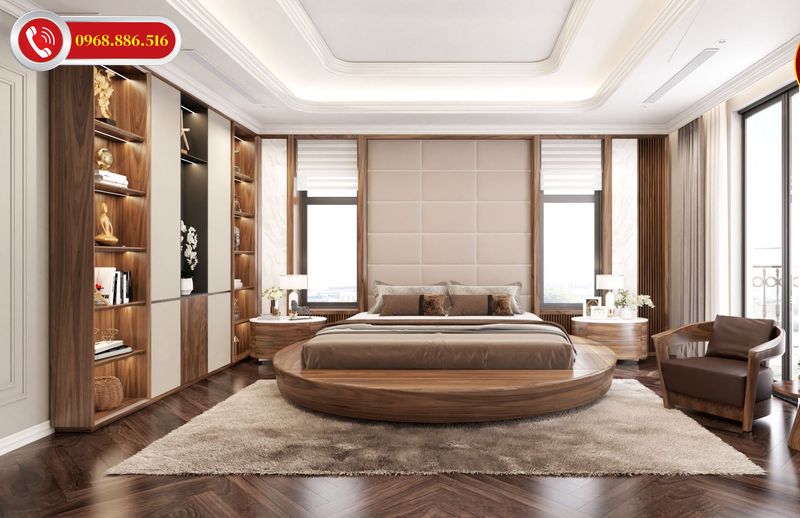 Mẫu thiết kế phòng ngủ gỗ óc chó phù hợp với không gian rộng rãi