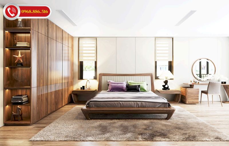 Mẫu thiết kế phòng ngủ gỗ óc chó cao cấp