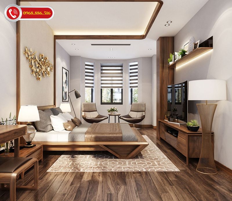 Tổng thể phòng ngủ thiết kế hài hoà với tông màu ấm áp