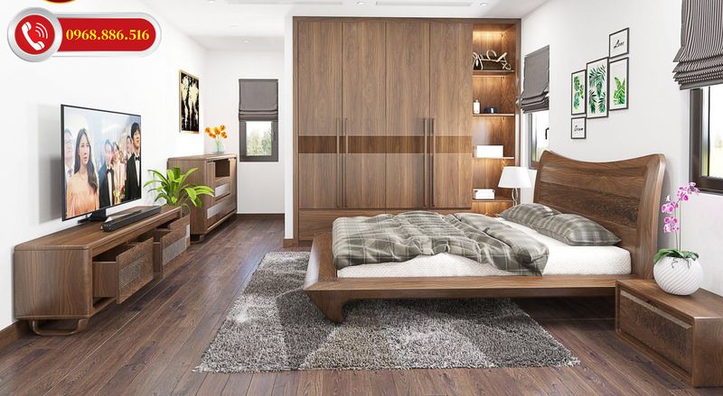 Tổng thể không gian nội thất phòng ngủ gỗ óc chó
