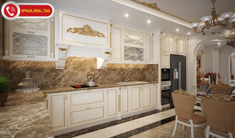 Phòng bếp đẹp thiết kế theo phong cách tân cổ điển thường được ứng dụng trong thiết kế không gian bếp biệt thự