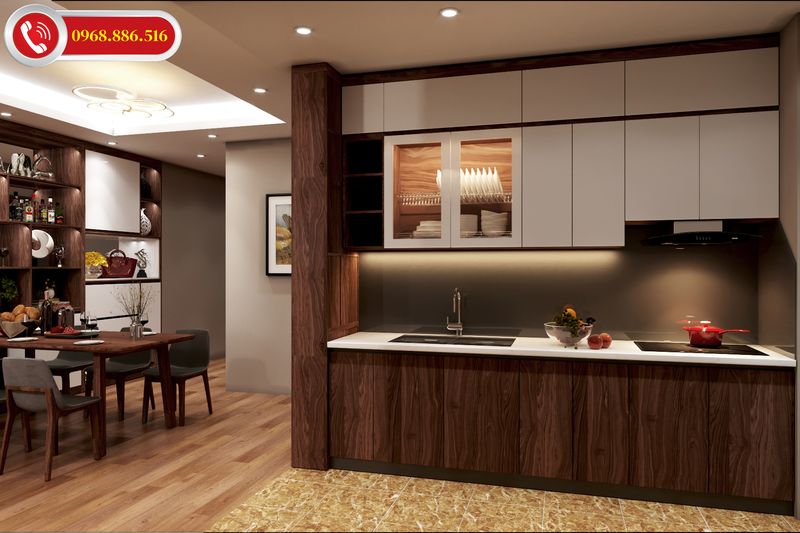 Không gian bếp được thiết kế đơn giản hiện đại với chất liệu gỗ sang trọng