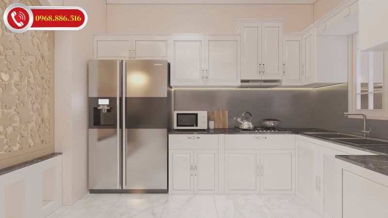 Màu tủ bếp tương phản với màu sơn tạo điểm nhấn cho phòng bếp