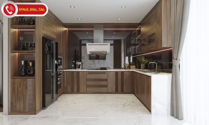 Màu sắc sáng kết hợp với nội thất đơn giản tạo nên sự hiện đại cho bếp