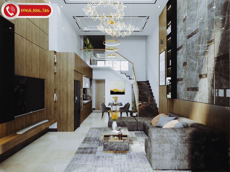 Phòng khách nhà ống thiết kế liên thông với nhau với những tông màu kết hợp mang lại cảm giác tinh tế