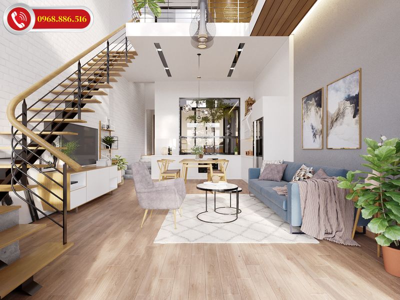 Thiết kế phòng khách có cầu thang ấn tượng tinh tế