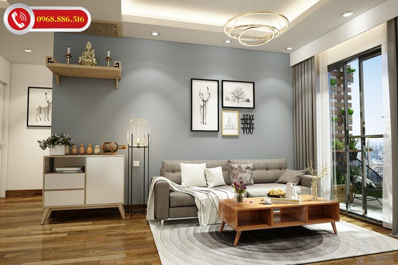 Mẫu thiết kế nội thất phòng khách đơn giản nhẹ nhàng với tông màu tối giản tinh tế