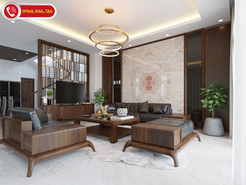 Thiết kế nội thất phòng khách gỗ óc chó đang được rất nhiều gia chủ lựa chọn