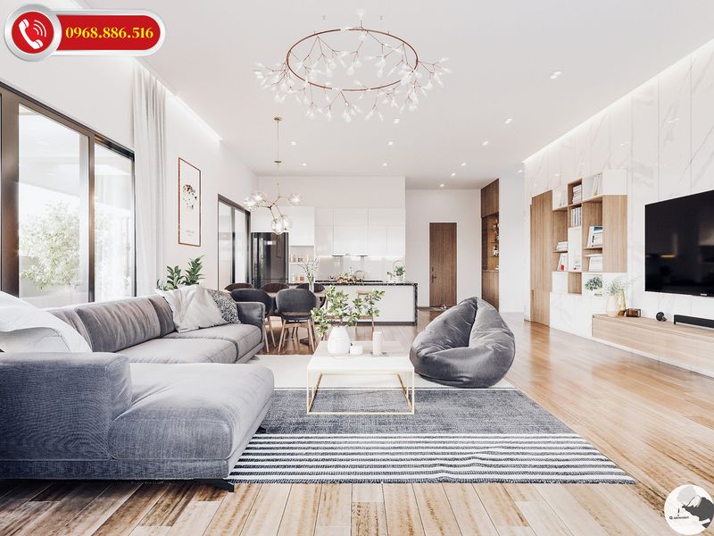 Không gian phòng khách ấn tượng được ứng dụng với chất liệu nhẹ nhàng tông màu đơn giản