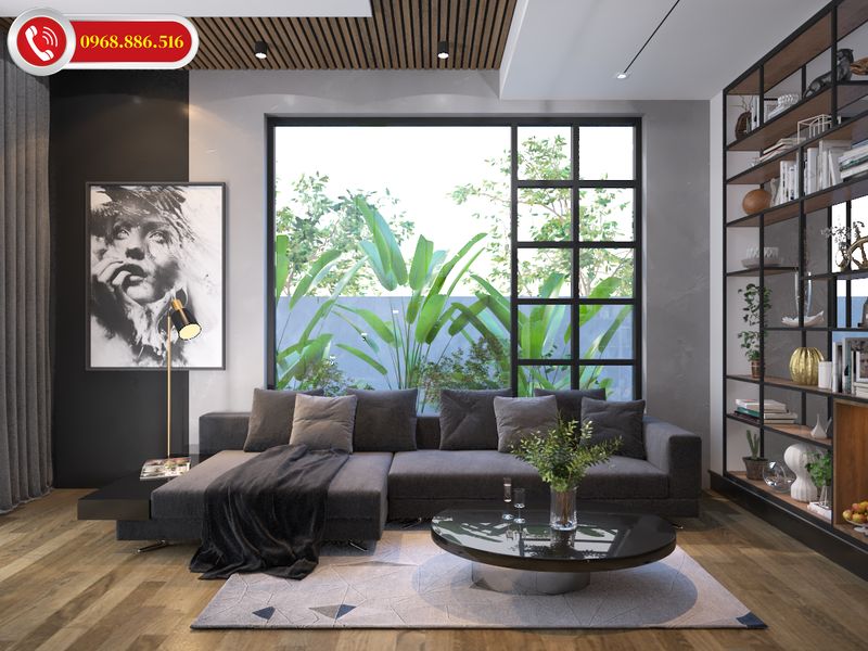 Không gian phòng khách tinh tế không gian mở với bức tường kính trong suốt nhẹ nhàng