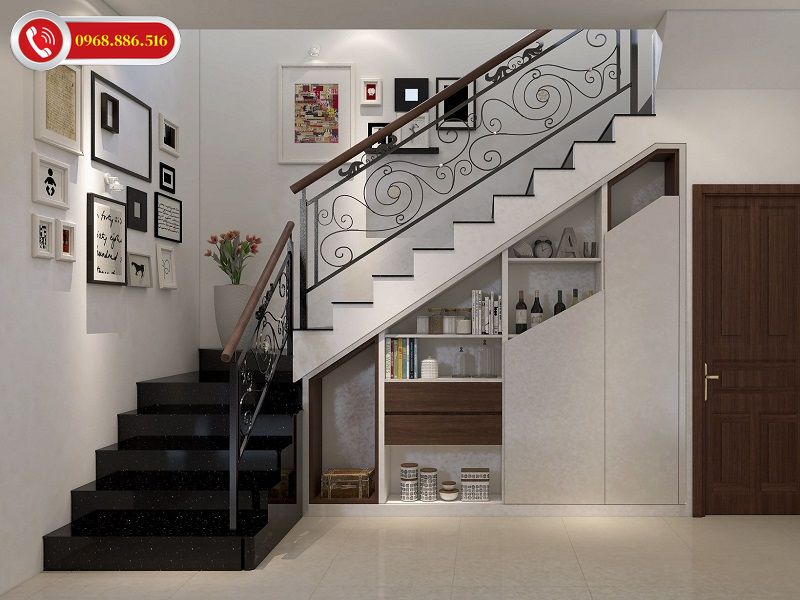 Trang trí cầu thang phòng khách đẹp với tủ rượu kết hợp tủ sách