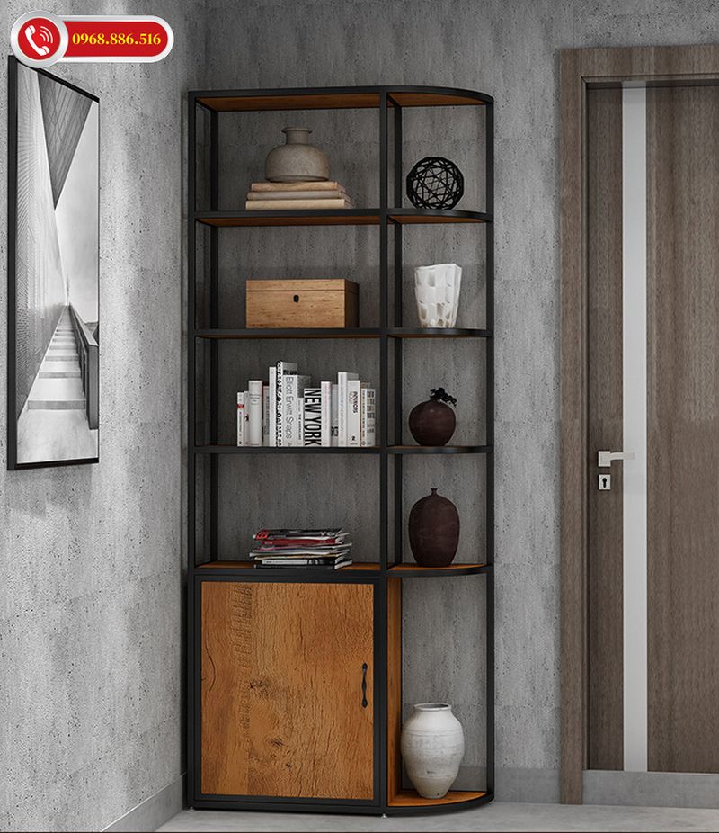 Kệ thiết kế đơn giản ấn tượng với chất liệu khung thép kết hợp gỗ