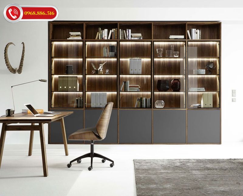 Mẫu kệ tủ sách thiết kế đơn giản hiện đại tông màu tối kết hợp với hệ thống đèn led tinh tế