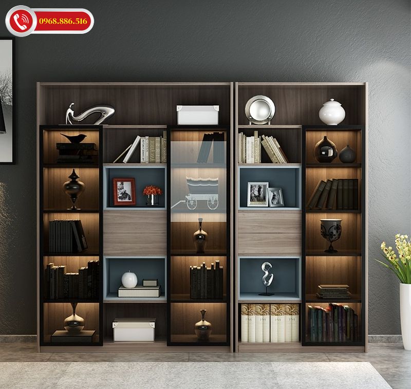 Mẫu kệ tủ sách thiết kế đơn giản hiện đại tông màu tối kết hợp với hệ thống đèn led tinh tế
