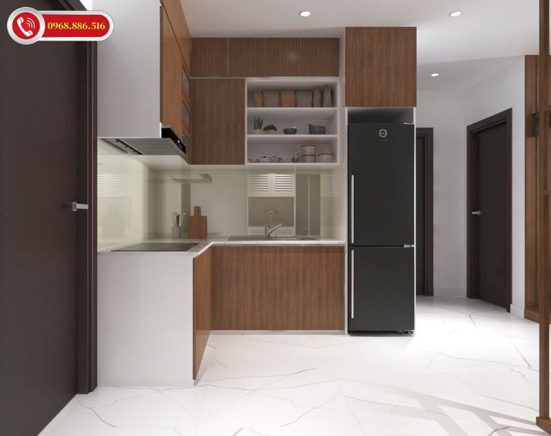 Bếp được thiết kế hình chữ L đơn giản phù hợp với nhà chung cư nhỏ