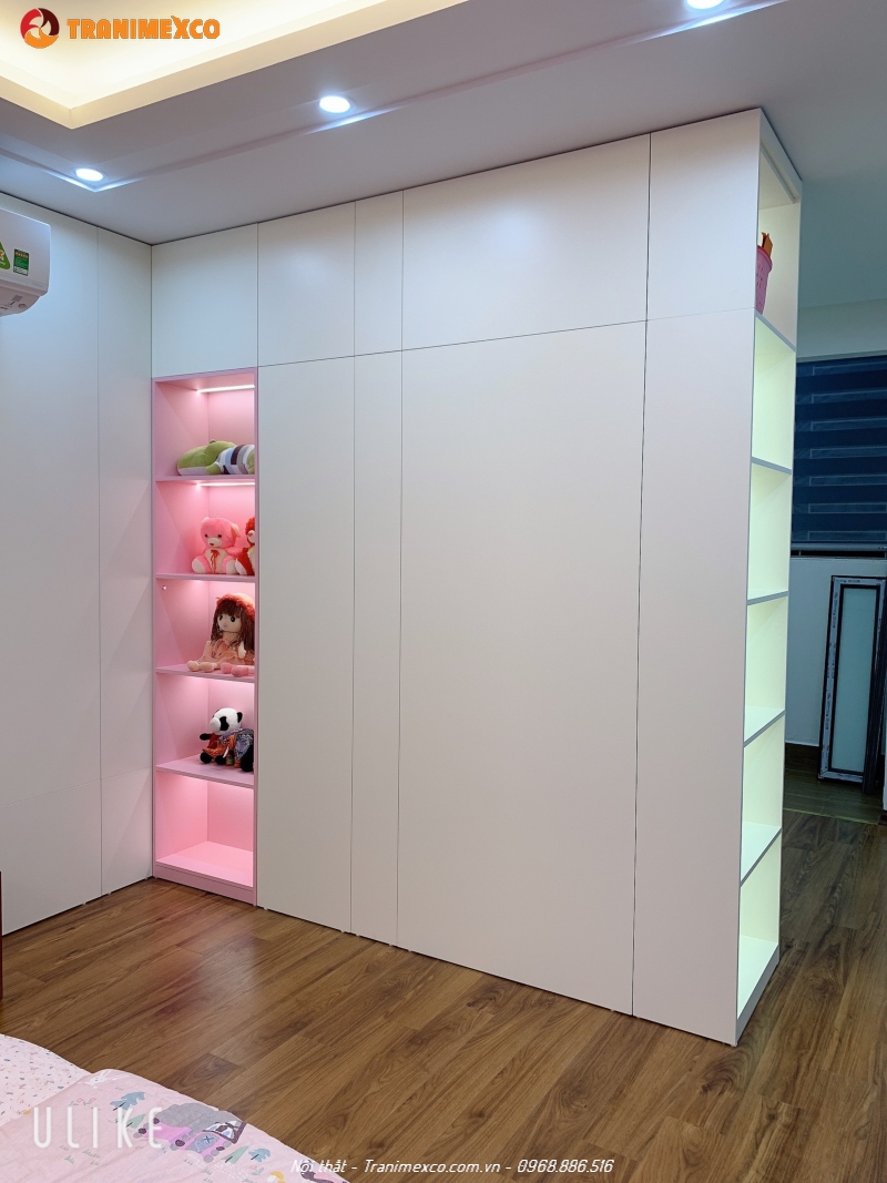 Xưởng nhận gia công đồ gỗ theo yêu cầu uy tín tại Hà Nội 50 Tủ áo cánh trượt kết hợp với kệ trang trí cực xinh cho phòng ngủ bé gái