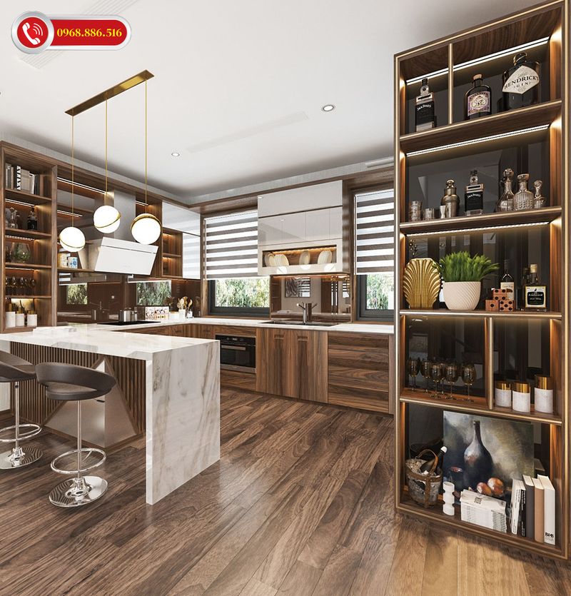 Nội thất phòng bếp nhà phố Full gỗ óc chó tự nhiên cao cấp - M7