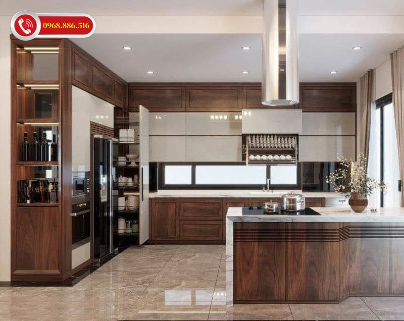 Nội thất phòng bếp biệt thự Full gỗ óc chó tự nhiên cao cấp - M5