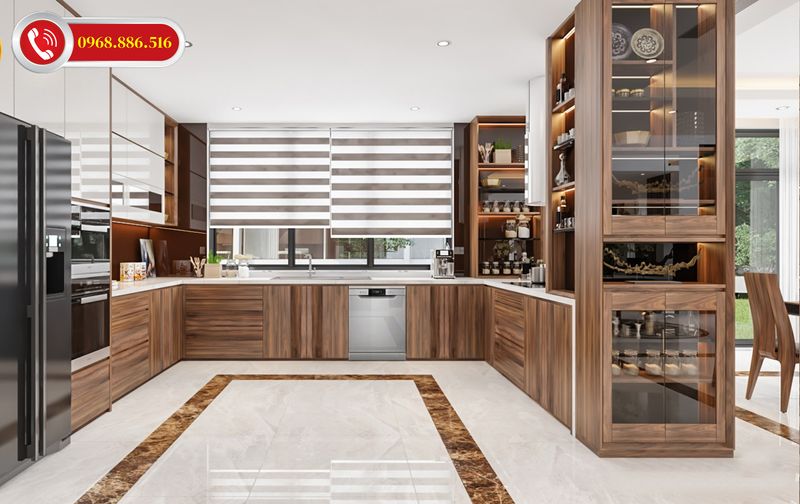 Nội thất phòng bếp Full gỗ tự nhiên óc chó cao cấp - M2