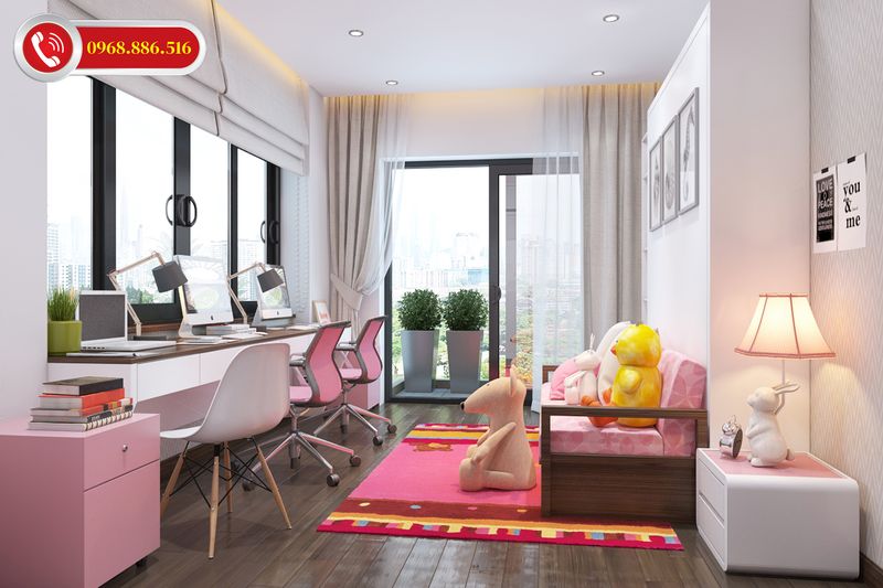 TOP #99 Ý tưởng thiết kế nội thất chung cư 100m2 đẹp Hot 2026 59 Phòng ngủ con được bố trí tiện nghi với tông màu cực kỳ dễ thương